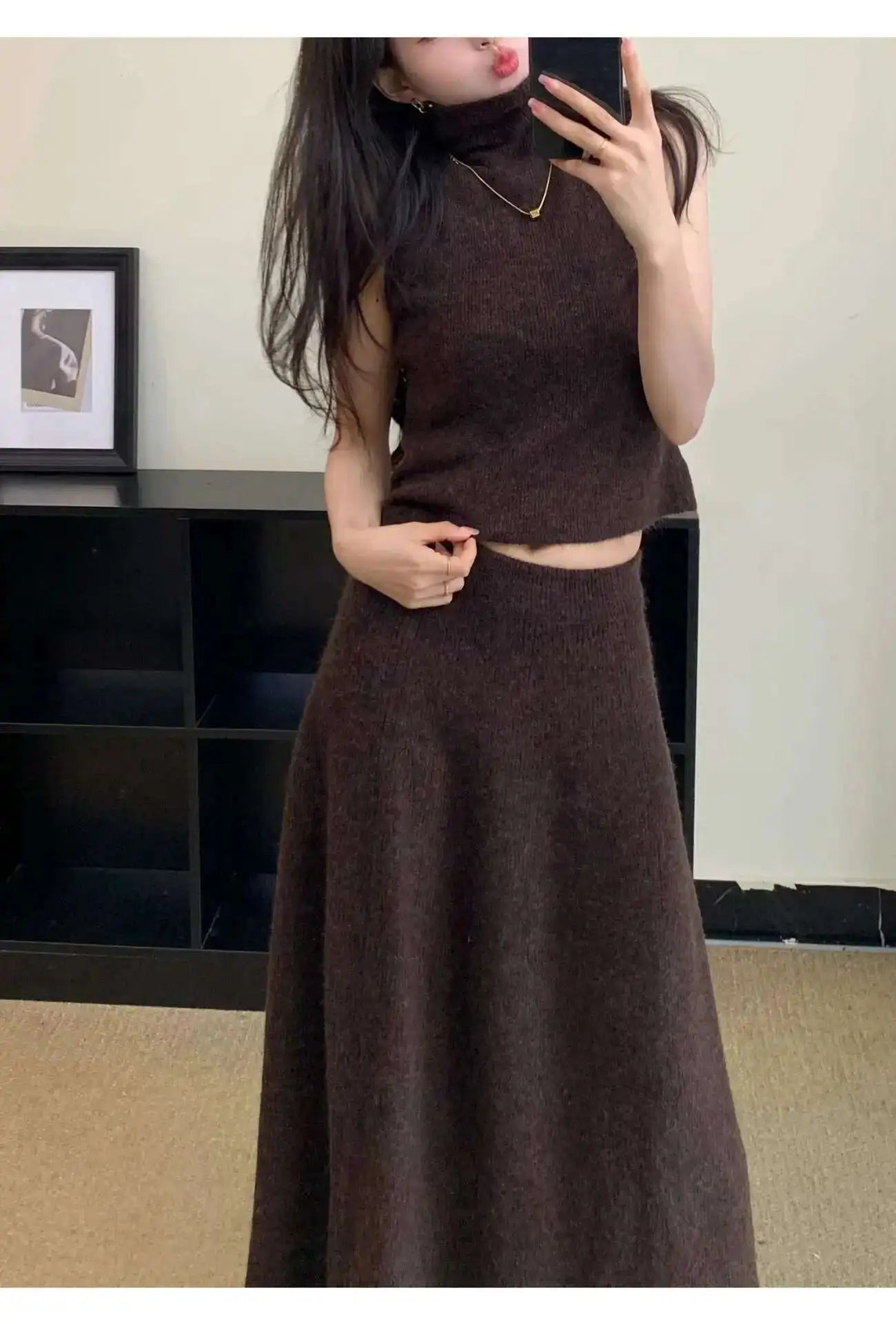 Ensemble 3 Pièces Tricoté Élégant Femme – Long Cardigan, Gilet Sans Manches, Jupe Longue Taille Haute Évasée