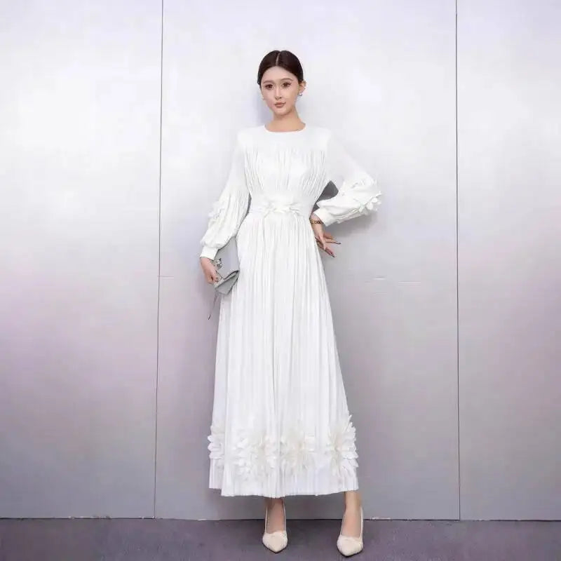 Women's Pleated Appliqué Flare-Sleeve Maxi Dress
