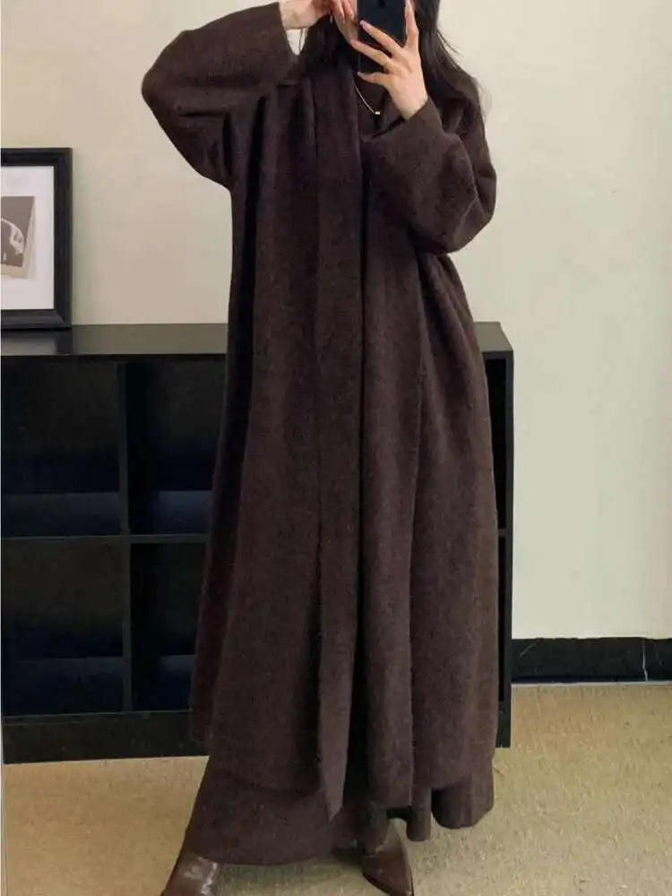 Ensemble 3 Pièces Tricoté Élégant Femme – Long Cardigan, Gilet Sans Manches, Jupe Longue Taille Haute Évasée