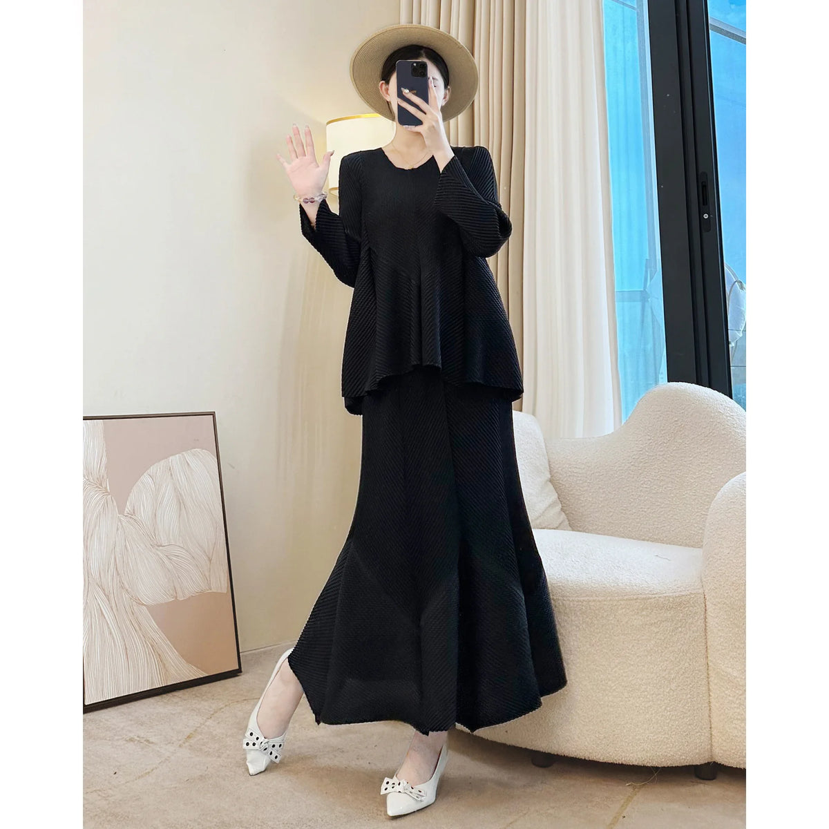 Women's Pleated Two-Piece Top and Skirt Set