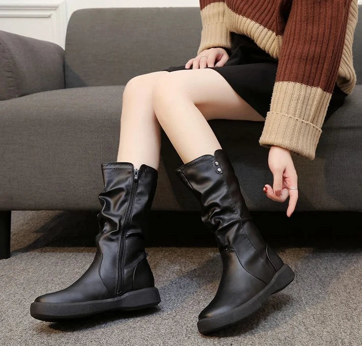 Footwear Half High Mid Calf Ladies Boots Flat Black Shoes For Women Round Toe Chic Point Hot Promotion Fashion 2025 Demi-season