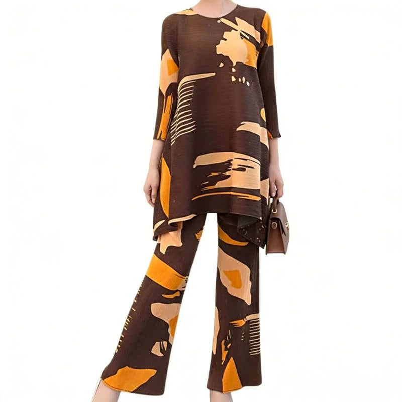 LANMREM Blue Green Tie-Dye Print Women's Two-piece Set Three-quarter Sleeves A-line Top Wide Leg Pants 2026 Spring New 2DB7115