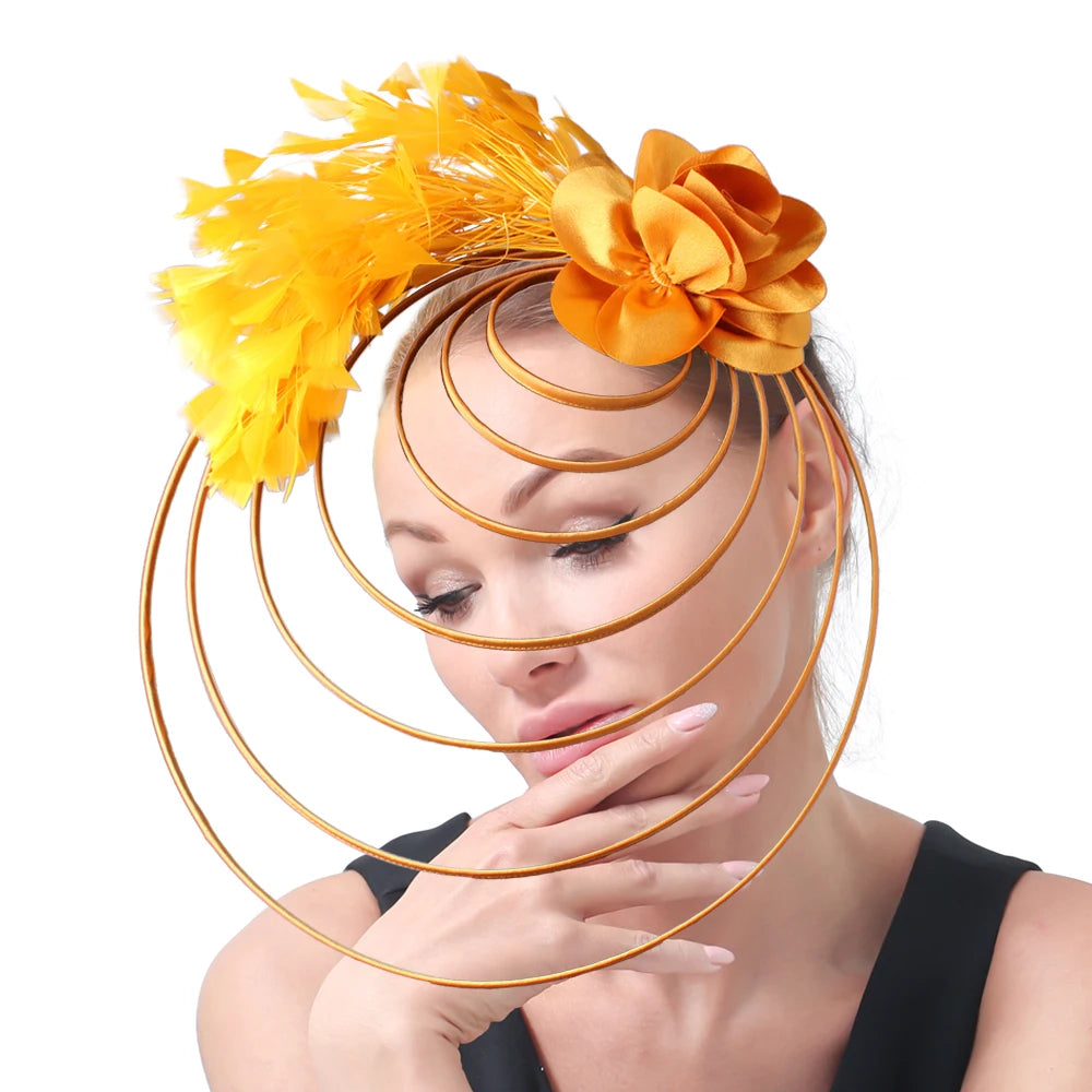 Gold Fascinator Hat Wedding Church Headpiece Women Formal Event Tea Chapeau Cap party elegant bride Feather Millinery Femme