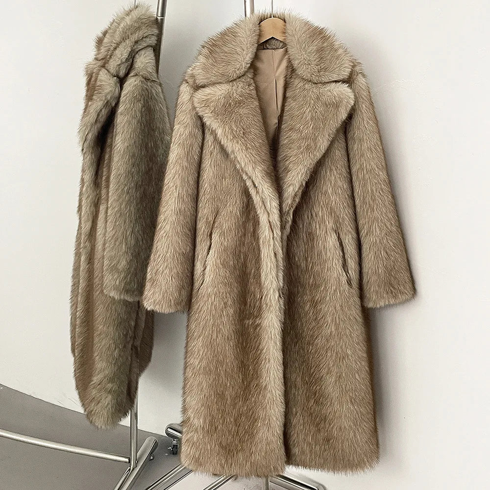 Manteau long en laine fausse fourrure de haute qualité pour femme - Élégante veste à col tailleur pour l'automne et l'hiver - Manteaux en fausse fourrure (non vison)