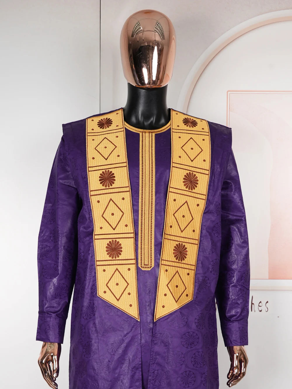 African Clothes for Men Bazin Riche Embroidery Design Long Sleeve Tops And Pants Suits 3 PCS Traditional Purple Outfit