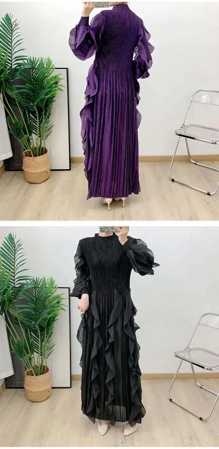 LANMREM Elegant Pleated Dress For Women Stand Collar Puff Sleeves High Stretch Personalized Dresses 2025 Spring New 2Z2817