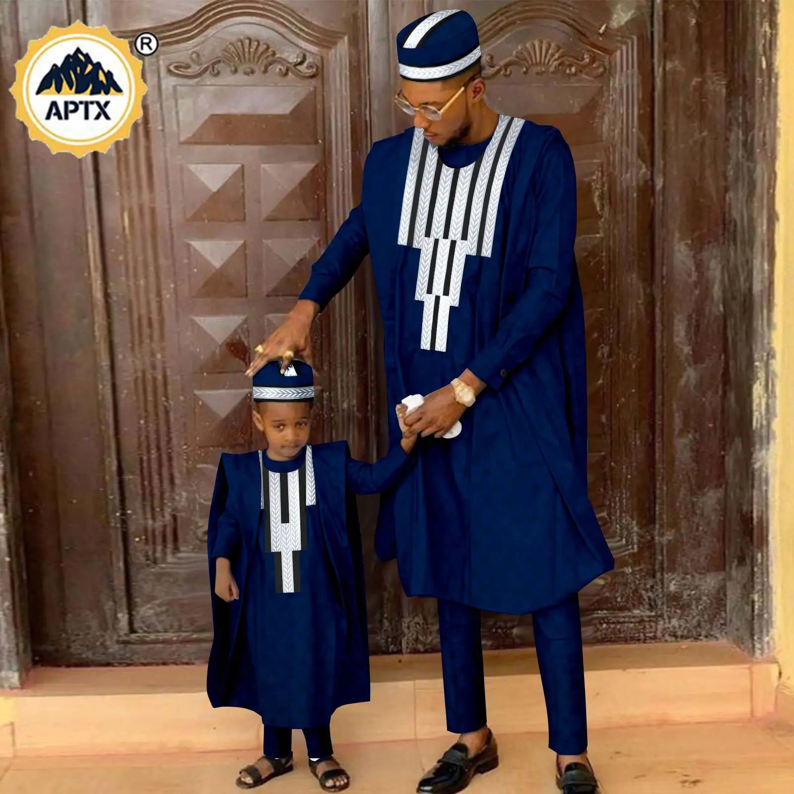 Tenue assortie africaine pour la famille en Bazin Riche, ensembles musulmans, vêtements Dashiki père et fils, robe Agbada, chemise et pantalon, chapeau Y23F001