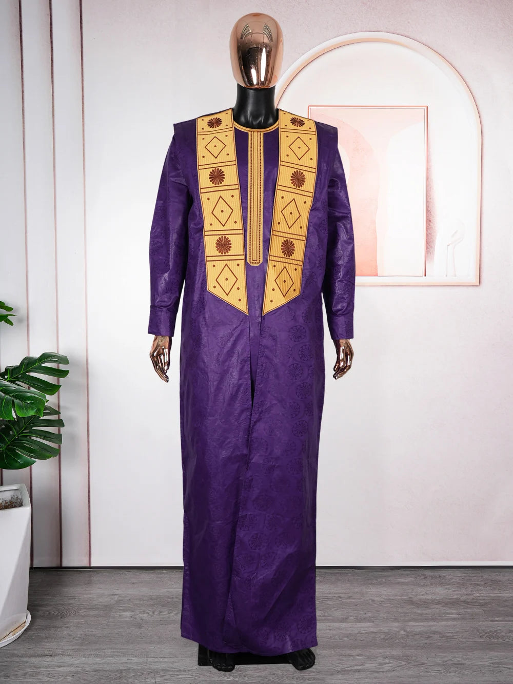 African Clothes for Men Bazin Riche Embroidery Design Long Sleeve Tops And Pants Suits 3 PCS Traditional Purple Outfit