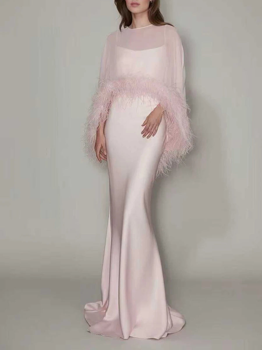 VGH Formal Feather Cape Sleeve Maxi Dress for Women O Neck Spaghetti Strap Floor Length Long Evening Prom Cocktail Party Gown