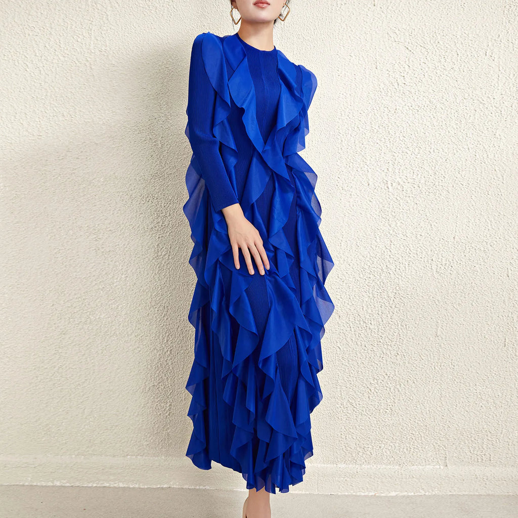 Miyake Style Pleated Dress for Women 2025 Solid Color Round Neck Long Sleeve Loose Large Size Ruffled Irregular Long Skirt