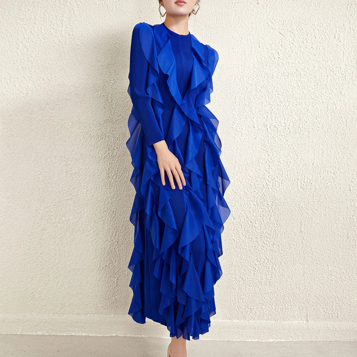 Miyake Style Pleated Dress for Women 2025 Solid Color Round Neck Long Sleeve Loose Large Size Ruffled Irregular Long Skirt