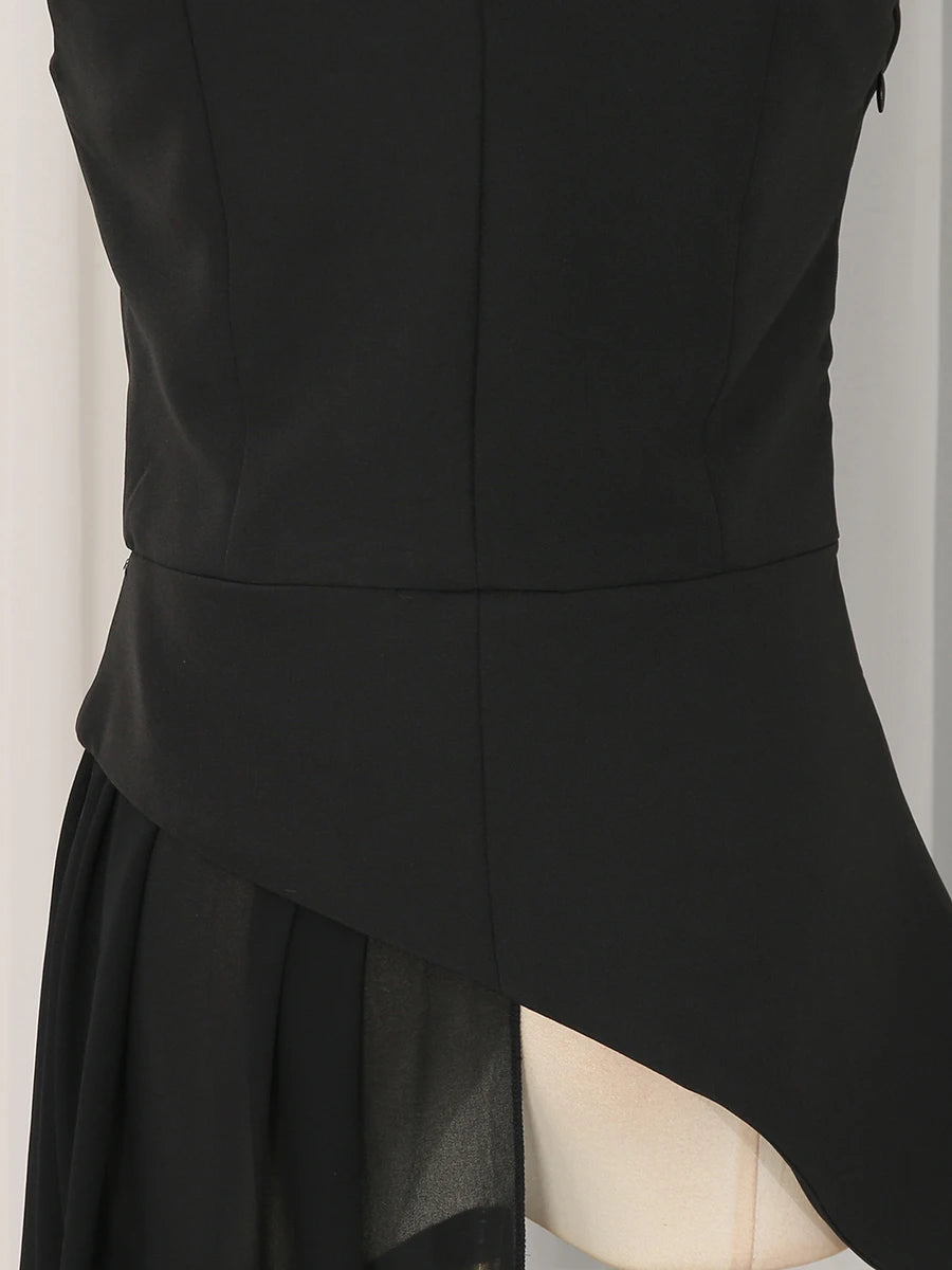 VGH Office Elegant Spliced Zip Sleeveless Shirts for Women O Neck Irregular Hem Spliced Mesh Ribbon Minimalist Blouse Female New