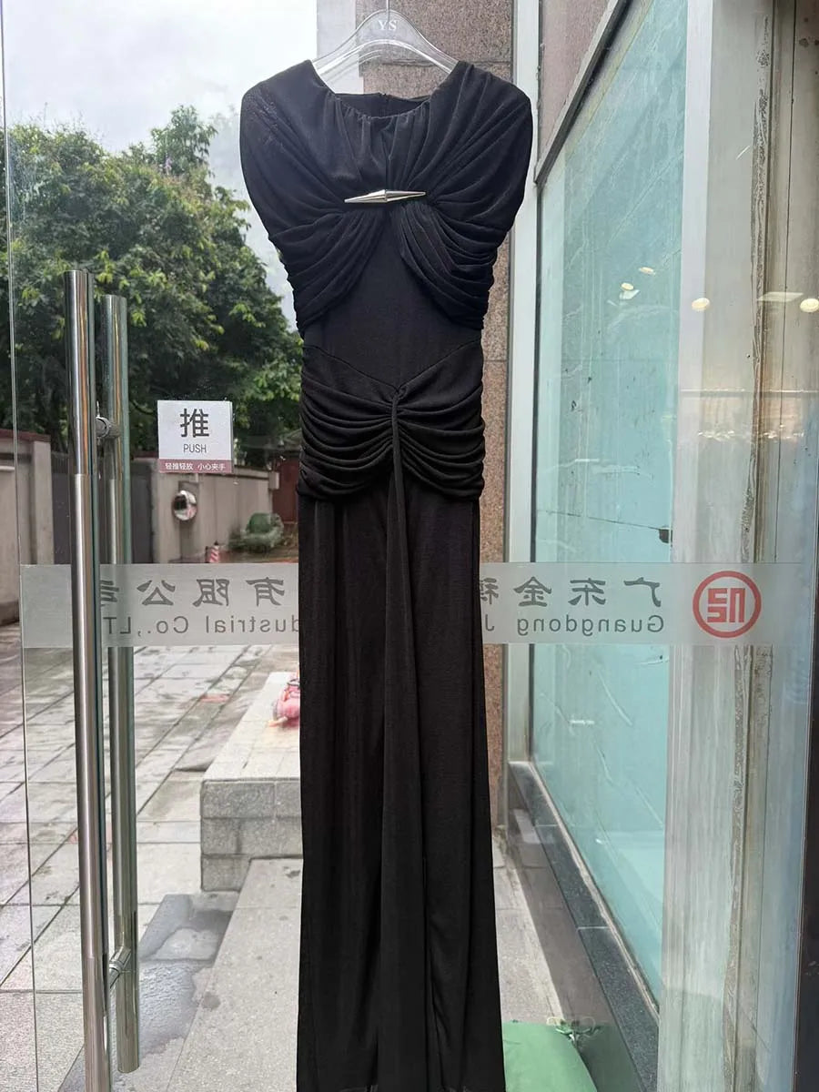 VGH Elegant Light Luxury Maxi Dress for Women Cape Sleeve Cutout Twist Waist Long Gown for Celebrity Formal Dinner Party Outfit