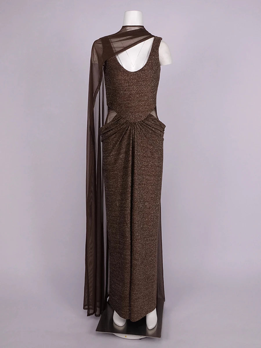 VGH Chic Sparkly Sequin Mermaid Maxi Dress for Women Deep V Sleeveless Mesh Cutout Waist with Sheer Cape for Evening Party Gown