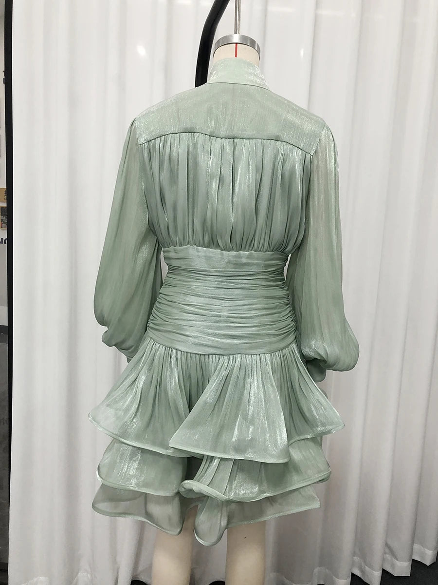 VGH Elegant Pink High Neck Organza Fabric Mini Dresses for Women Puff Sleevs Ruched Waist Tiered Ruffles for Cocktail Parties