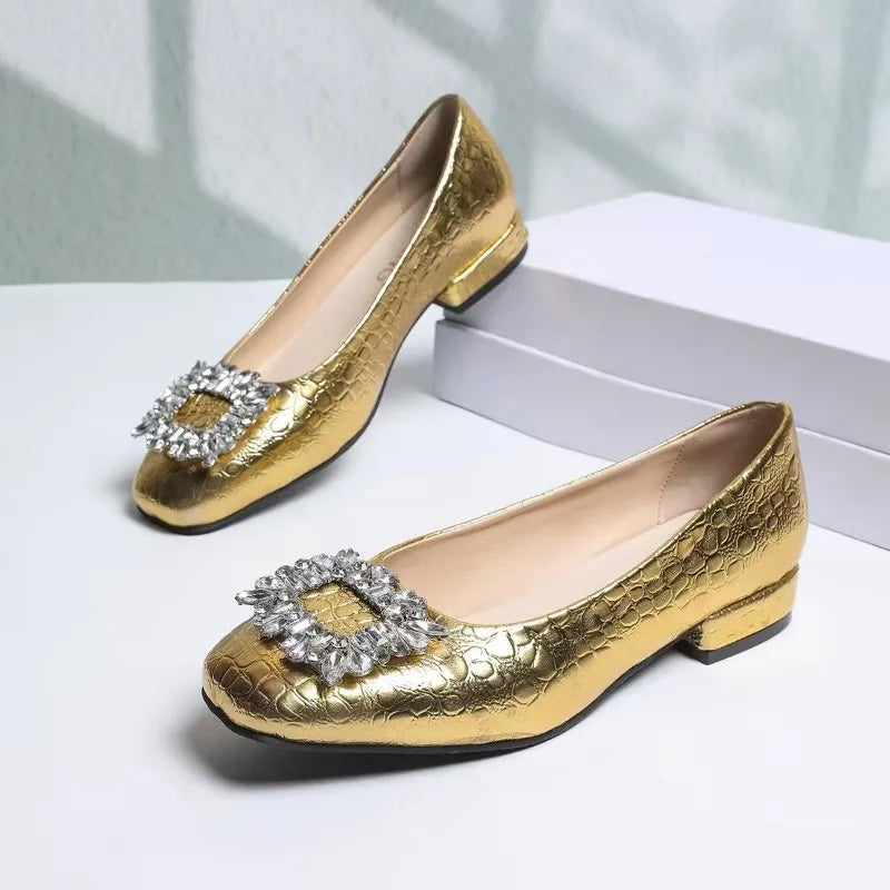 Gold Single Shoes Women's Square Toe Rhinestone High Heels 2025 Spring and Autumn Comfortable Soft Sole Block Heel Kitten Single