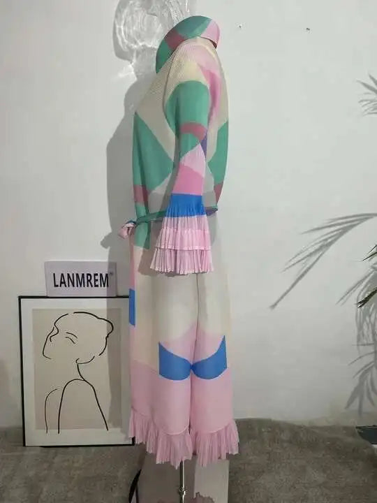 LANMREM Maxi Pleated Dress For Women Lapel Single Breasted Long Sleeves Color Block Tassel Hem Loose Chic Clothing Autumn 2R5928