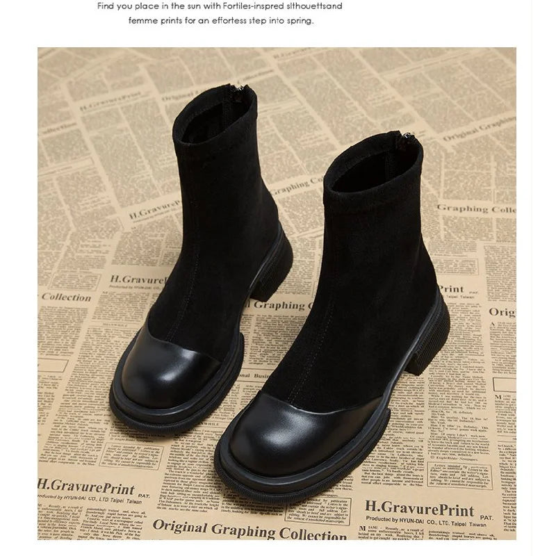 Women Patchwork Suede Ankle Boots Back Zipper Chunky Platform Heel Short Boots Fashion Autumn Winter Botas Mujer