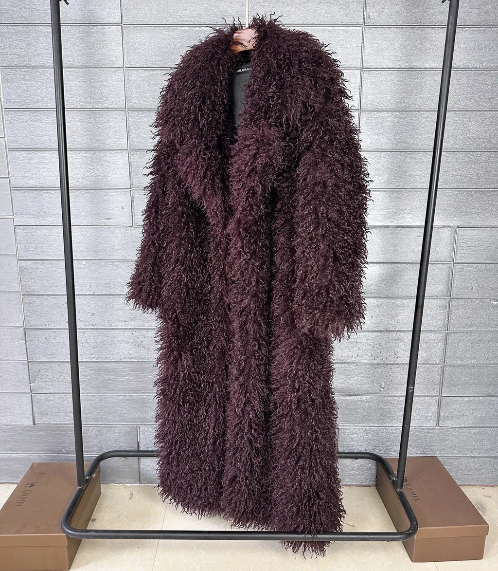 LANMREM Colorful Women's Furry Coat Rose Pink Faux Fur Coat Suit Collar Autumn Winter Thick Cardigan Long Overcoat Chic 2DB5859