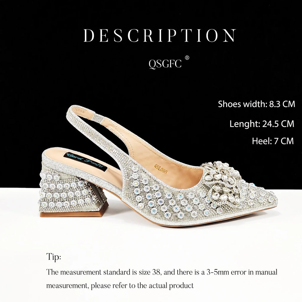 2026 New Arrival Italian-Inspired Champange Rhinestone Pointed Toe Women’s High Heels with Matching Handbag Set Elegant Wedding
