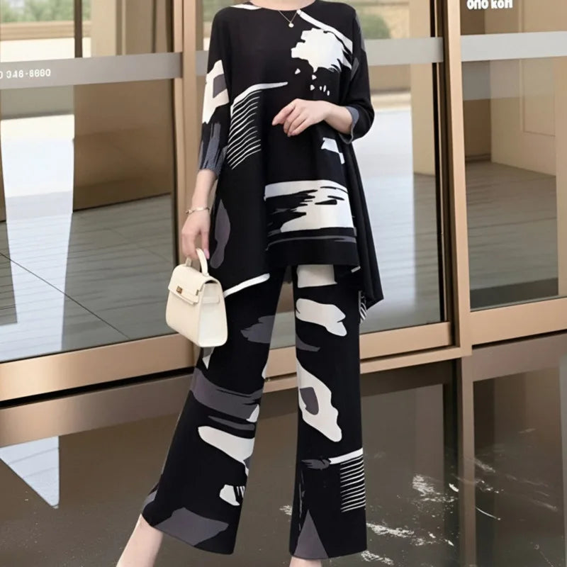 LANMREM Blue Green Tie-Dye Print Women's Two-piece Set Three-quarter Sleeves A-line Top Wide Leg Pants 2026 Spring New 2DB7115