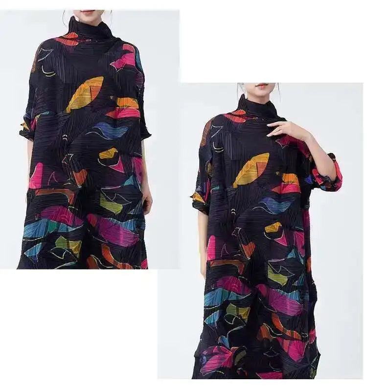 LANMREM Large Size Pleated Dress For Women Turtleneck Printing Loose Dresses Female Casual Clothing 2025 Spring New 2DB2113
