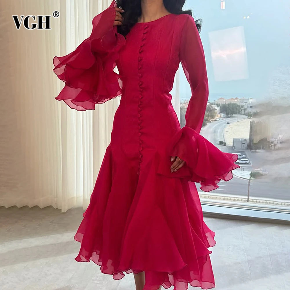 VGH Patchwork Irregular Hem Midi Dress for Women Round Neck Ruffles Sleeve High Waist Temperament Elegant Prom Dresses Female
