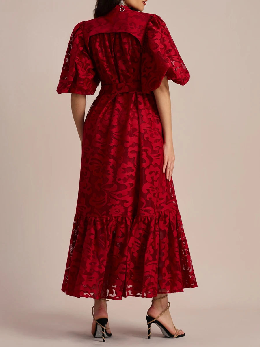 VGH Fashion Patchwork Bow Mesh Dresses for Women Round Neck Long Sleeve Spliced Embroidery Temperament Dress Female Clothing New