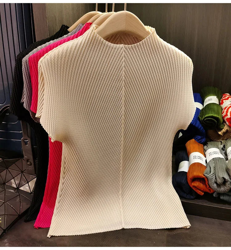LANMREM Stand Collar Dragon Scale Pleated T-shirt High-end Versatile Slimming Short Sleeved Women's Summer Pullover Tops 2DB3044
