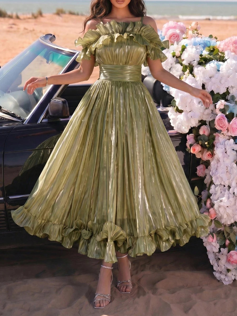 VGH Elegant Off Shoulder Ruffle Midi Maxi Dress for Women Shiny Pleated Waistband Back Zipper for Formal Prom Evening Party Gown