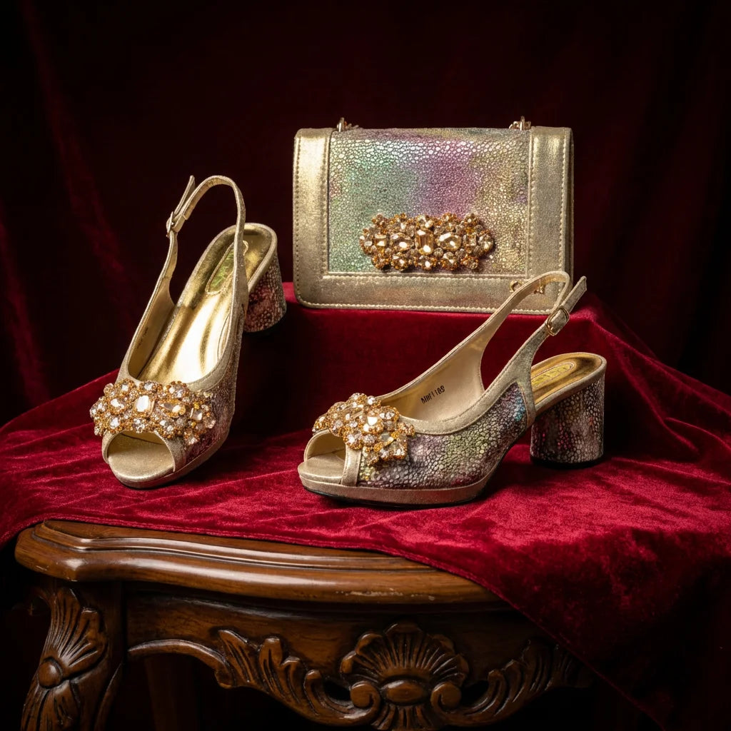 Women's Rhinestone Embellished Heels & Bag Set – Peep Toe Slingback Pumps