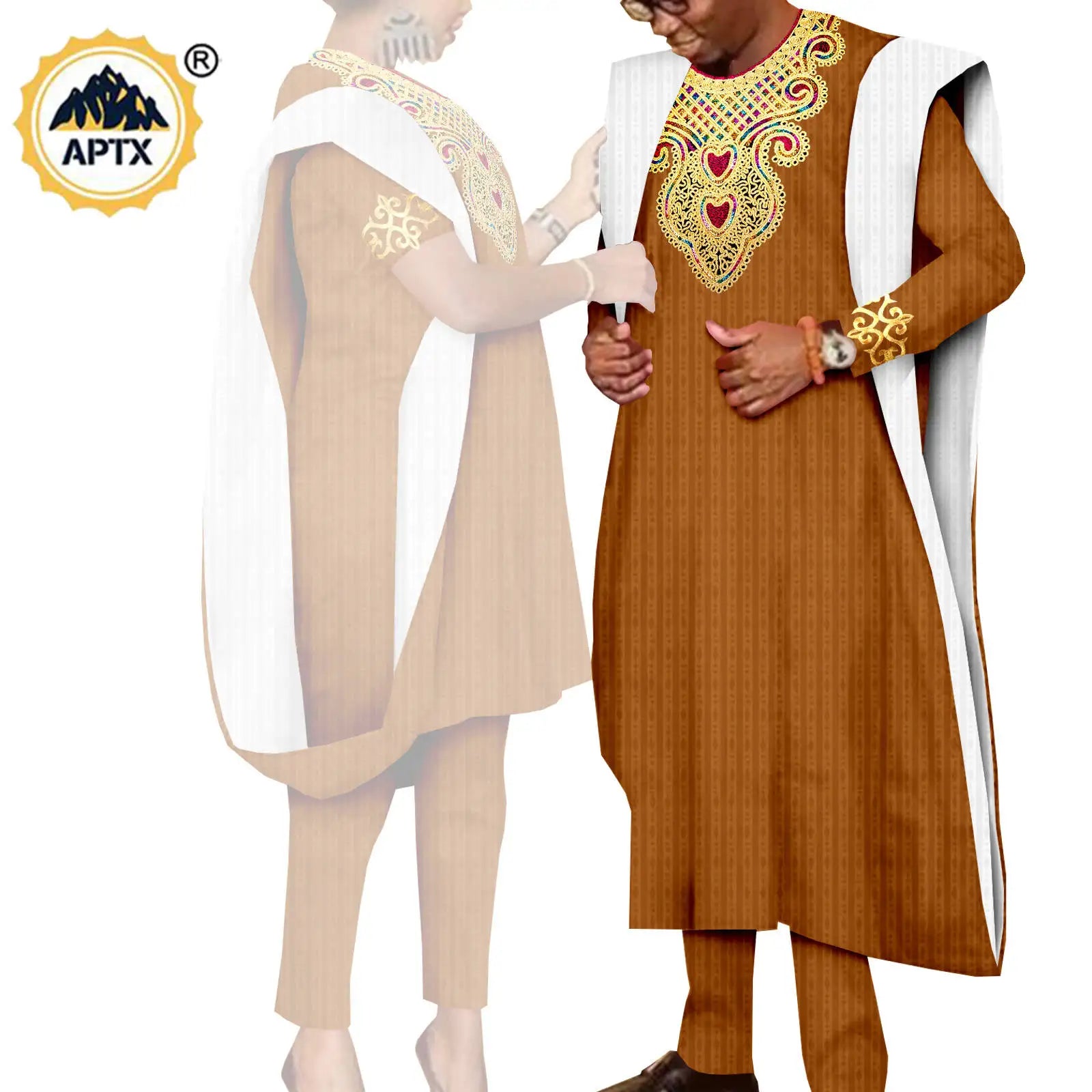 African 3 Pieces Suit for Men Matching Couple Outfits Agbada Dashiki Women Muslim Sets Bazin Riche Applique Robes Asoebi Y23C029