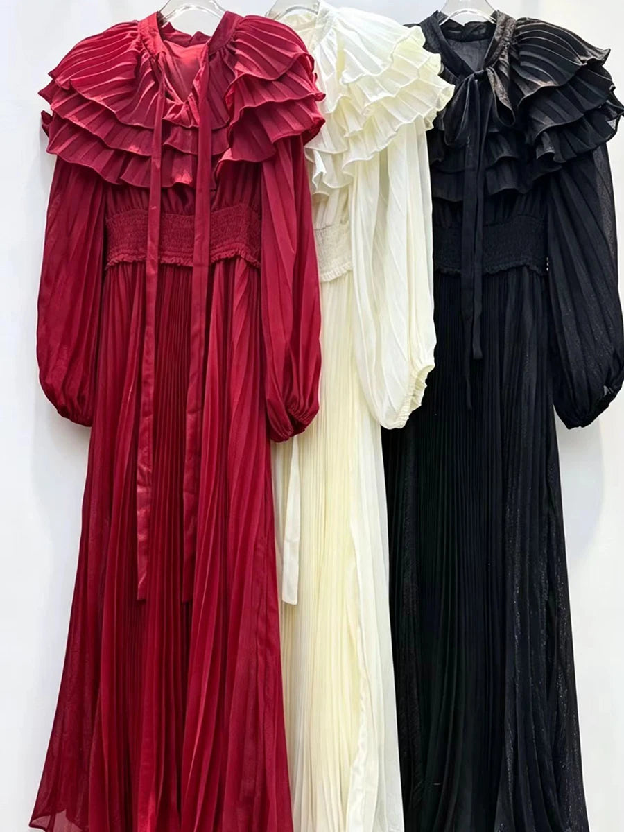 VGH Classy Layer Ruffled Stand Collar Chiffon Maxi Dress for Women Tie Neck Balloon Long Sleeve Smocked Waist Pleated for Party