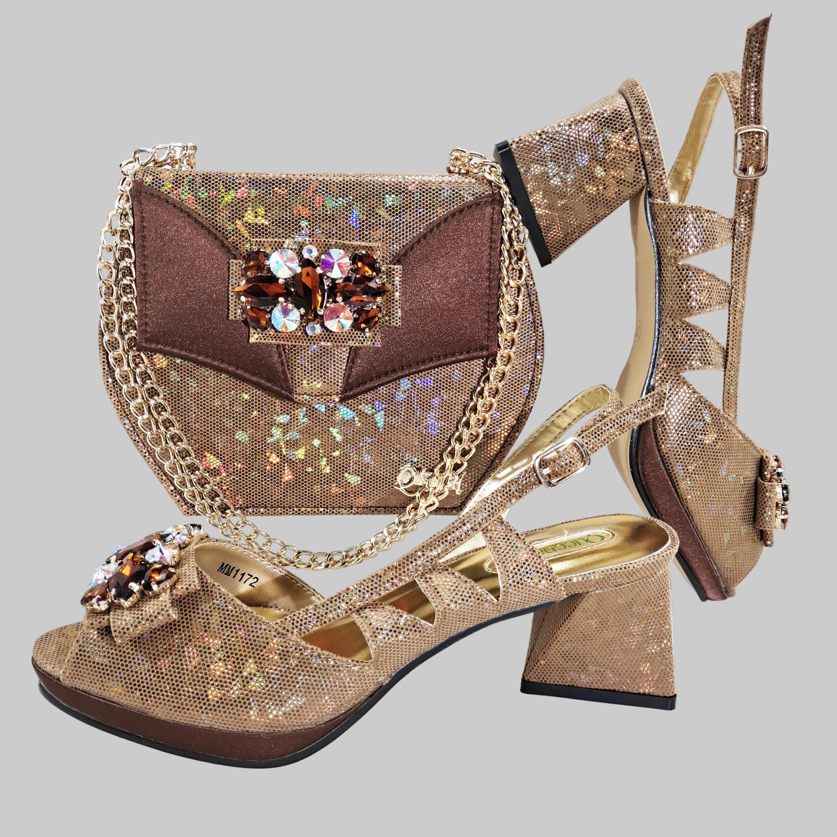 New-Season Peep Toe Ladies Elegant Coral Color Diamond-Embellished High Heels Italian-Designed Shoe and Handbag Set