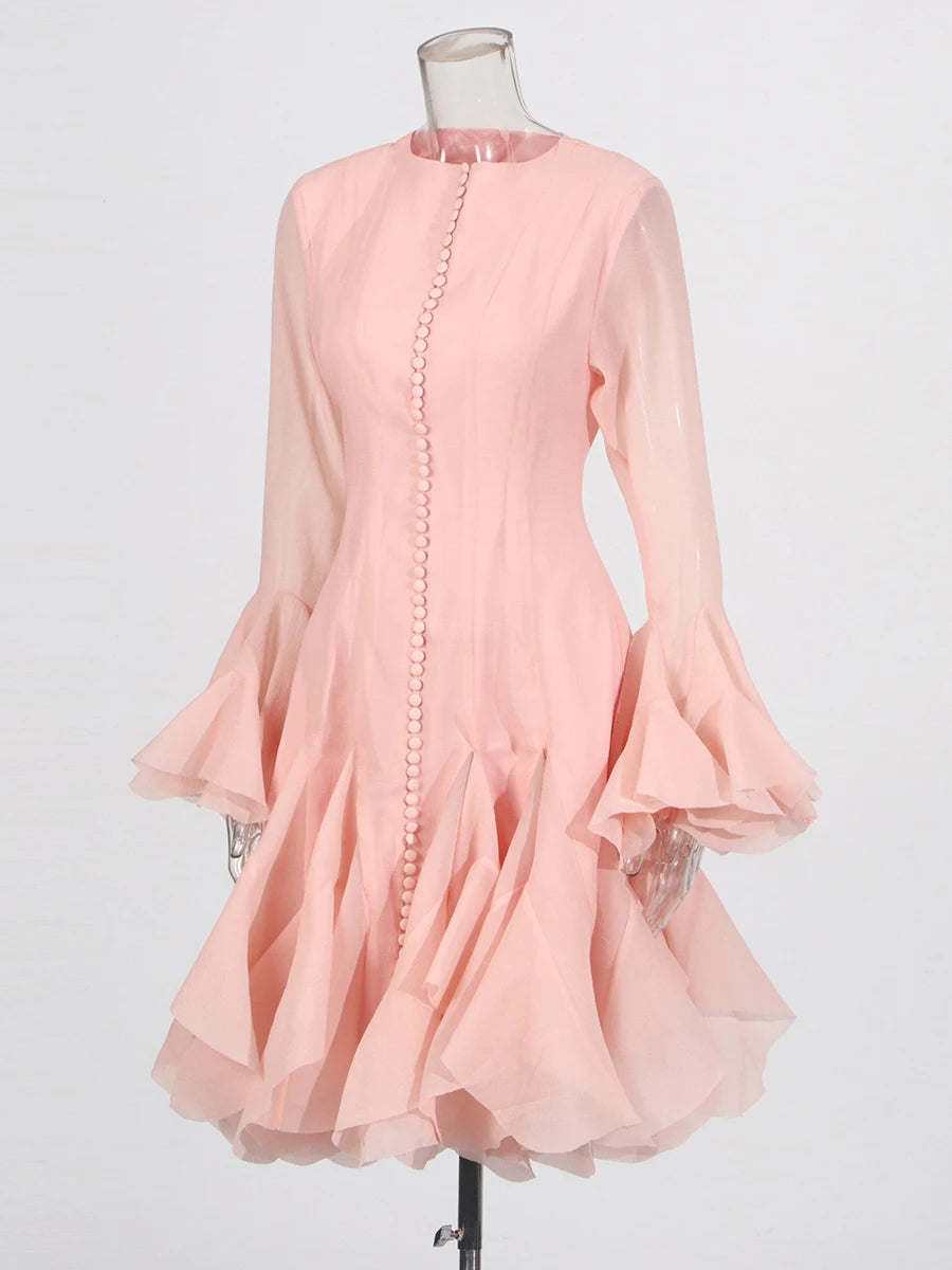 VGH Patchwork Irregular Hem Midi Dress for Women Round Neck Ruffles Sleeve High Waist Temperament Elegant Prom Dresses Female