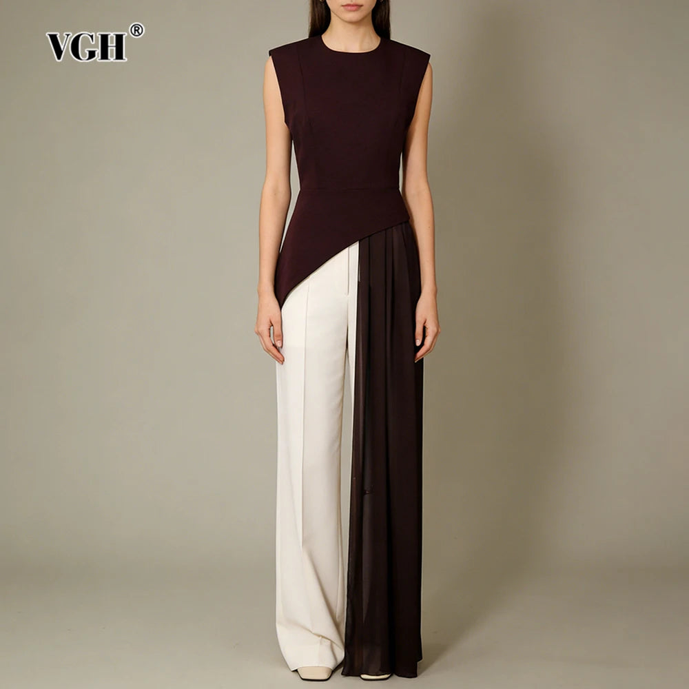VGH Office Elegant Spliced Zip Sleeveless Shirts for Women O Neck Irregular Hem Spliced Mesh Ribbon Minimalist Blouse Female New