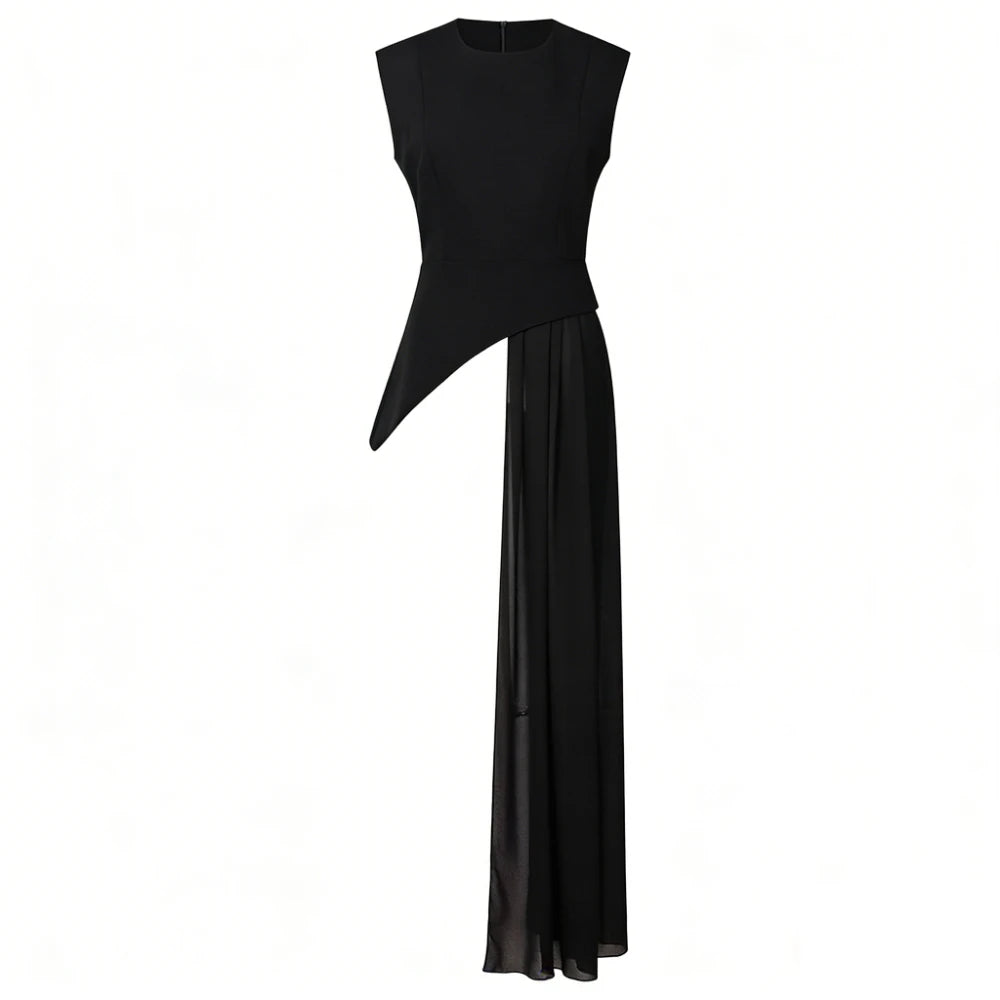 VGH Office Elegant Spliced Zip Sleeveless Shirts for Women O Neck Irregular Hem Spliced Mesh Ribbon Minimalist Blouse Female New