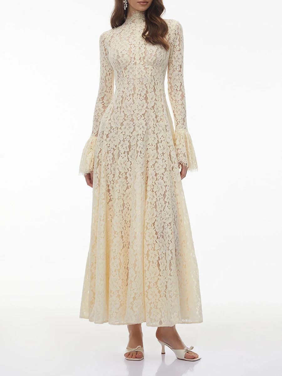 VGH White Loose Spliced Lace Chic Dresses for Women O Neck Long Sleeve French Elegant Dress Female Summer Fashion Style Clothing