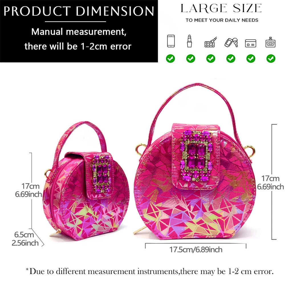 Elegant Women Heels for Peep Toe Good Material Design Rhinestone Fuchsia Sandals Italian Shoes and Bags