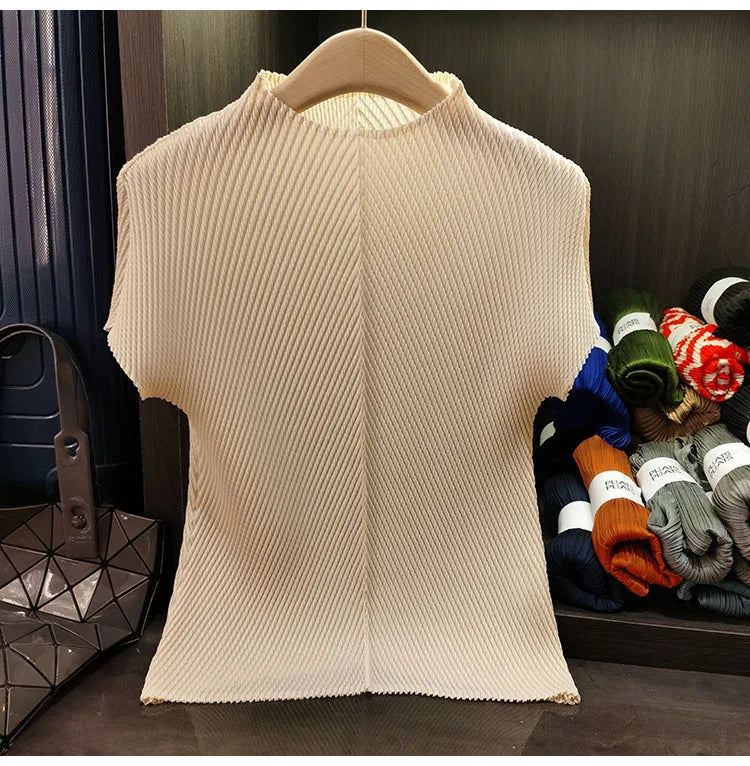 LANMREM Stand Collar Dragon Scale Pleated T-shirt High-end Versatile Slimming Short Sleeved Women's Summer Pullover Tops 2DB3044
