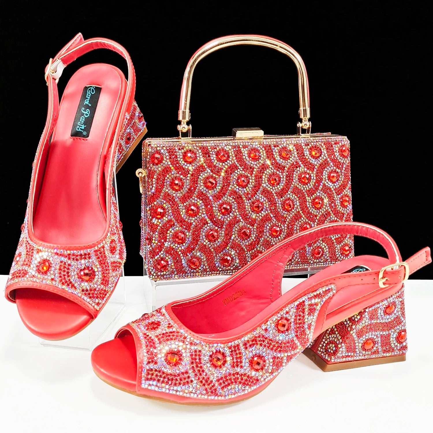 Women's Rhinestone Design Shoes and Bag Set Open Toe Comfortable Heels