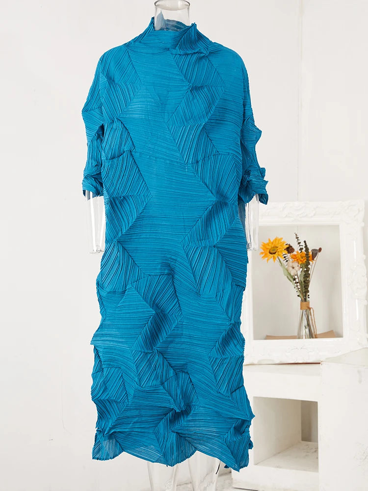 Women's Pleated Turtleneck A-Line Maxi Dress | Vintage Loose Fold Petal Sleeve | Spring 2025 | AvantBah