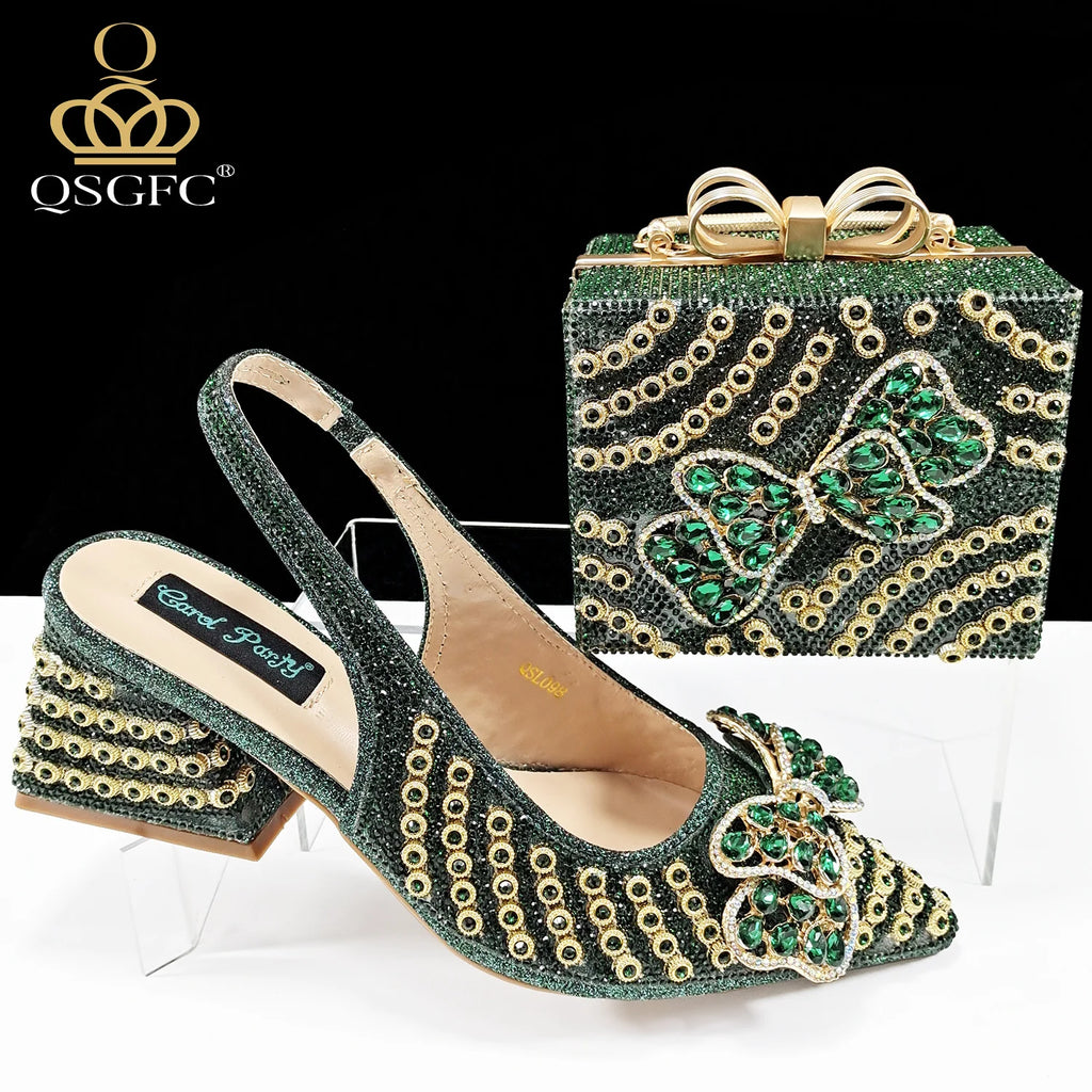 2026 New Arrival Italian-Inspired Champange Rhinestone Pointed Toe Women’s High Heels with Matching Handbag Set Elegant Wedding