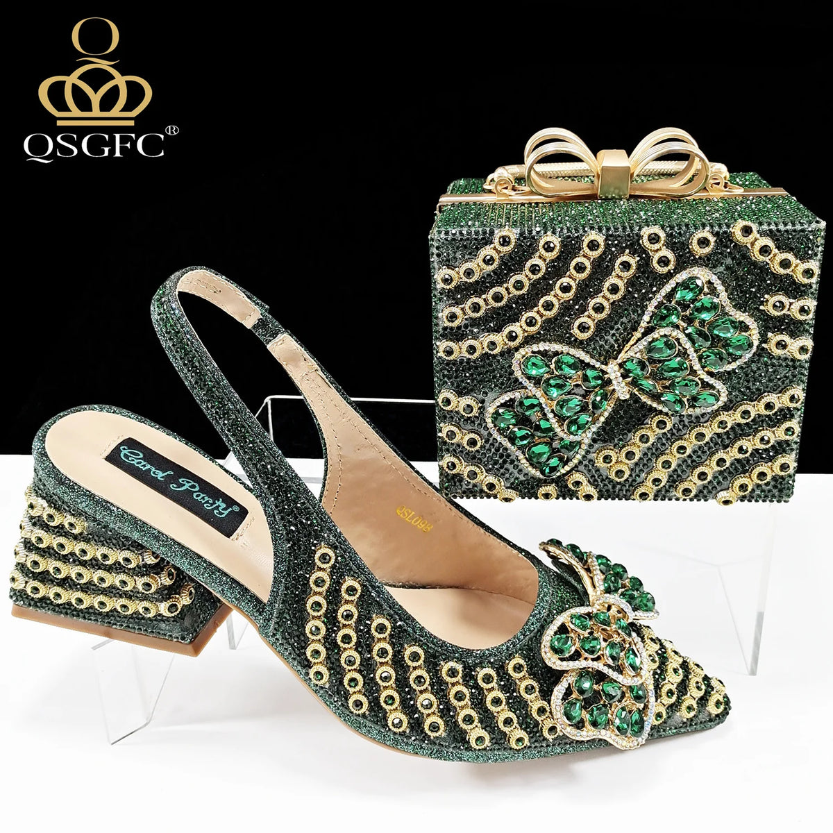 2026 New Arrival Italian-Inspired Champange Rhinestone Pointed Toe Women’s High Heels with Matching Handbag Set Elegant Wedding