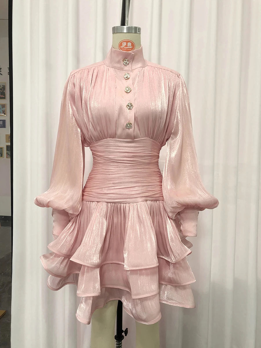 Women's High-Neck Puff-Sleeve Tiered Mini Dress