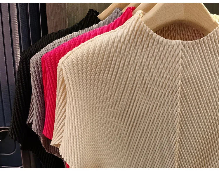 LANMREM Stand Collar Dragon Scale Pleated T-shirt High-end Versatile Slimming Short Sleeved Women's Summer Pullover Tops 2DB3044
