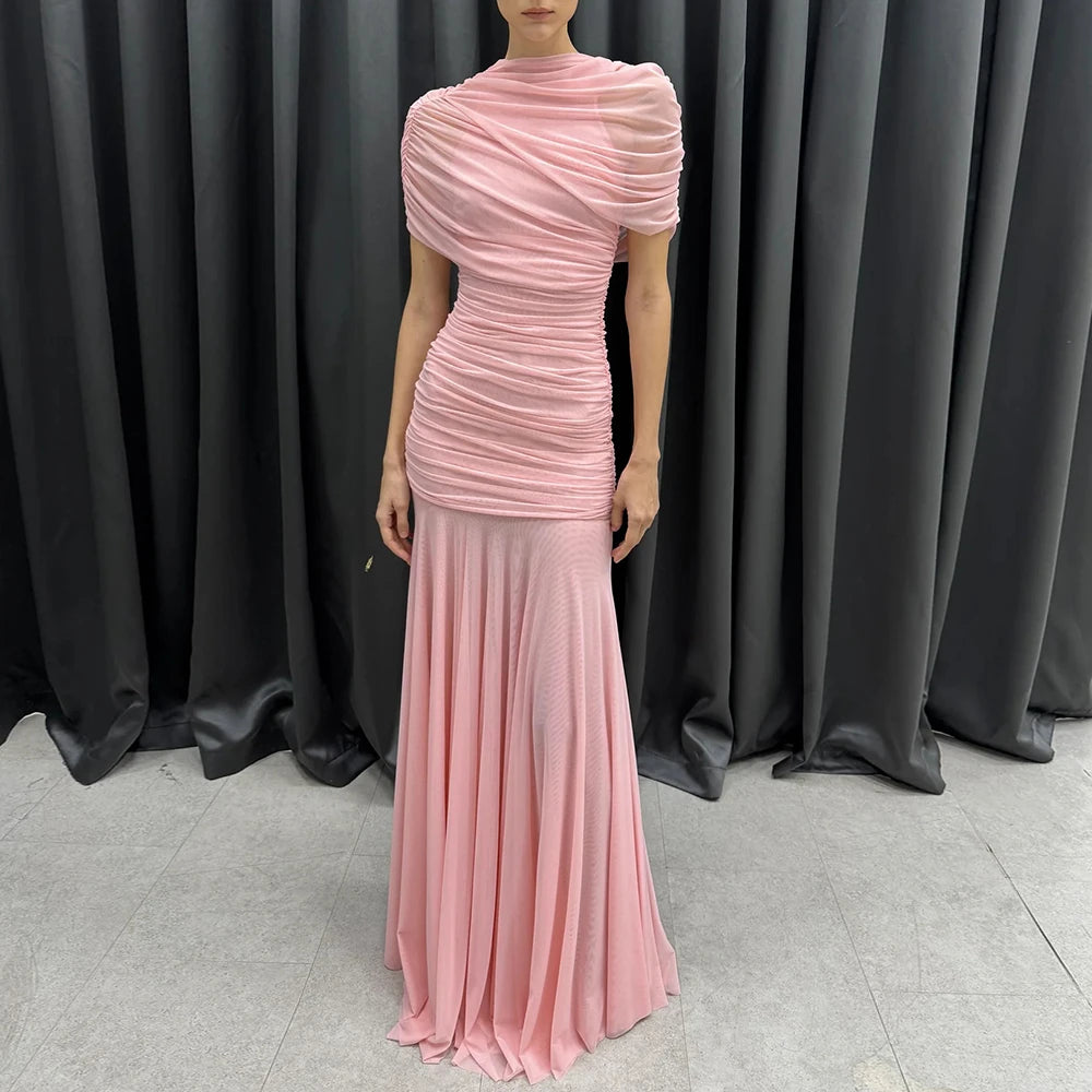 VGH Luxury Galas Event Black Sheer Mesh Ruched Maxi Dress for Women O Neck Short Sleeves Bodycon Silhouette Skirt for Red Carpet