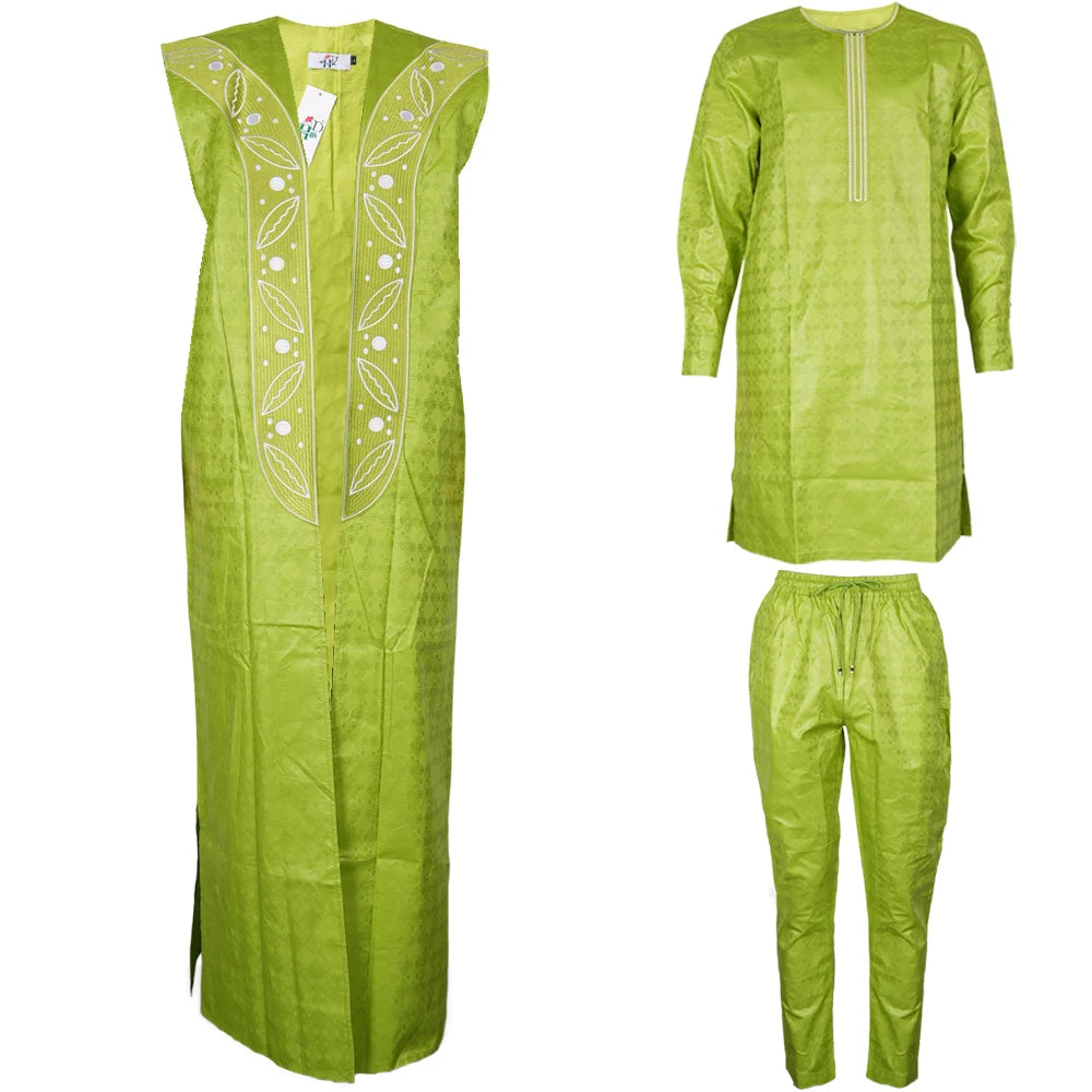 African Clothes for Men 3 PCS Long Sleeve Tops And Pants Suits Dashiki Tranditional Bazin Embroidery Outfits With Coat