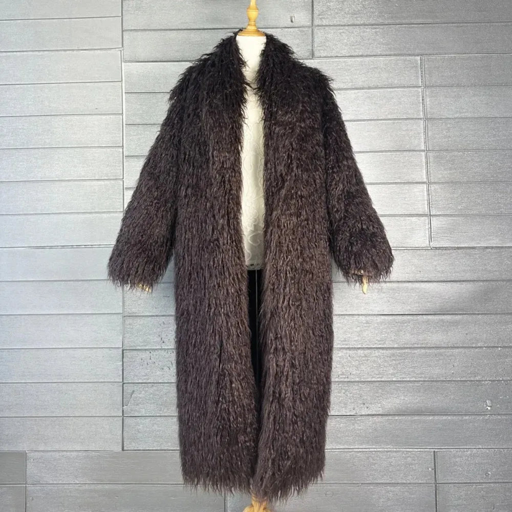 Veste en fausse fourrure femme, manteau long épais et duveteux pour l'hiver, shaggy, ouvert, col rabattu, streetwear