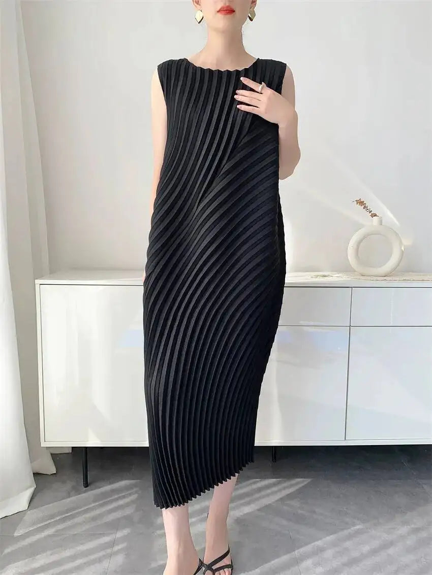 LANMREM Handmade Pleated Women's Sleeveless Summer Dress Wave Pattern Irregular Loose O-neck Mid-Length Pleated Dresses 2DB4814